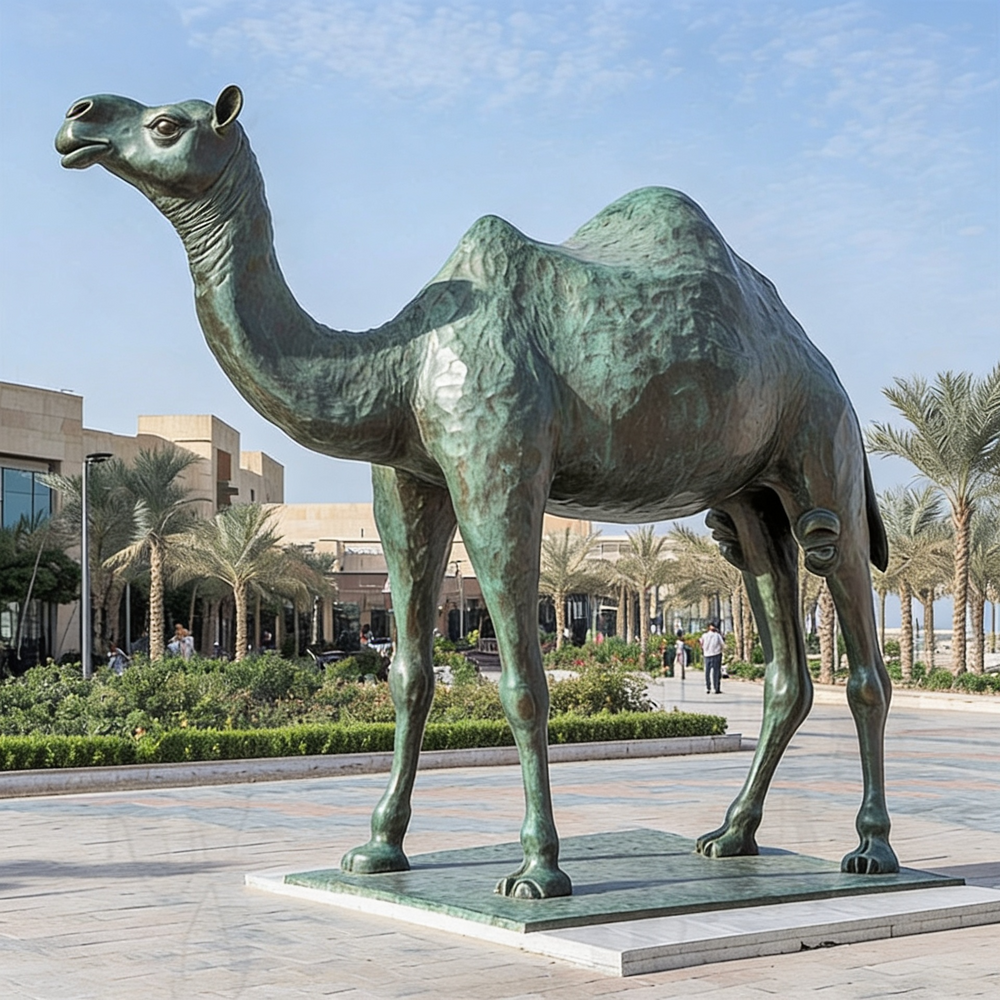 Bronze statue of a camel in an outdoor setting with palm trees and buildings in the background.