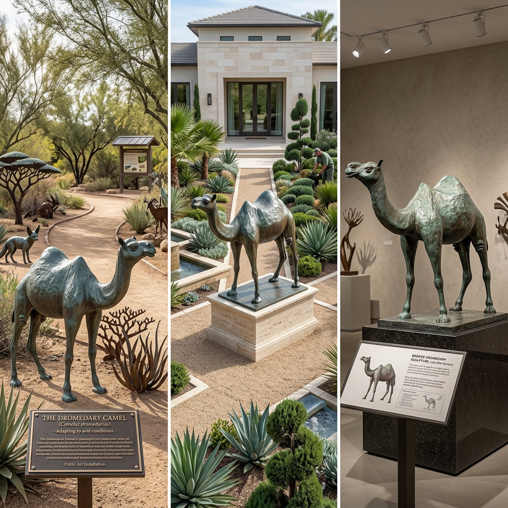 Collage of bronze camel sculptures in various settings with informational plaques.