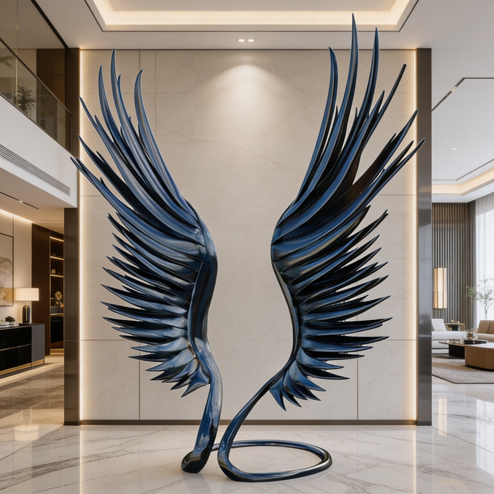Decorative sculpture of large blue wings in a modern interior setting