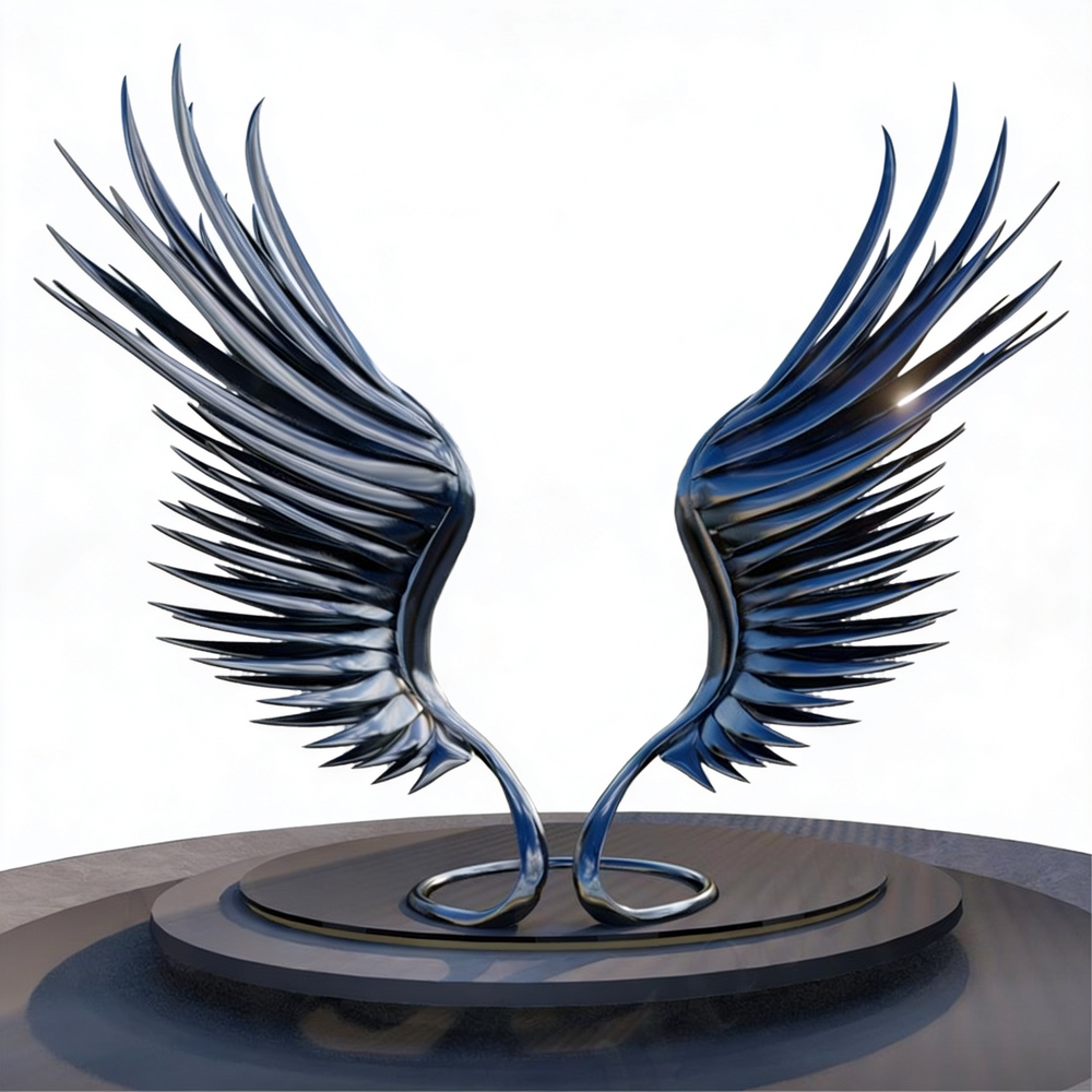 Metallic winged sculpture on a reflective platform with a white background