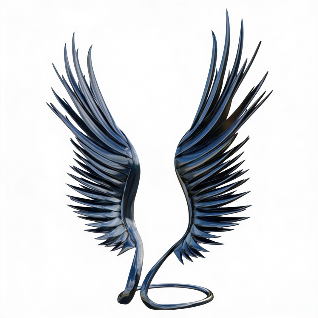 Blue and black decorative angel wings on a white background