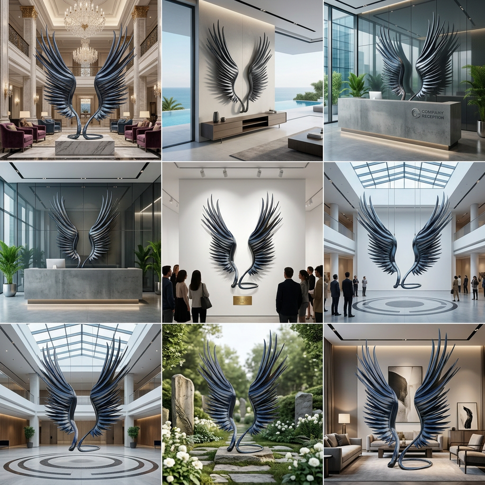 Collage of a large decorative sculpture of wings in various indoor settings.
