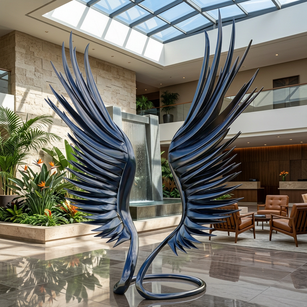 Large metal sculpture of wings in a modern indoor setting with plants and furniture.