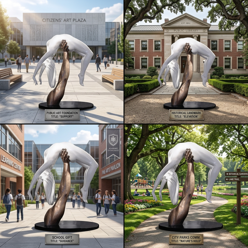 Bronze arm statue holding a suspended white body, emphasizing strength and delicate balance