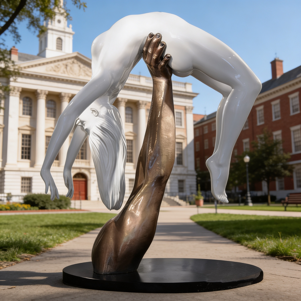Bronze sculpture of an upright arm holding a suspended white human figure in an arched pose