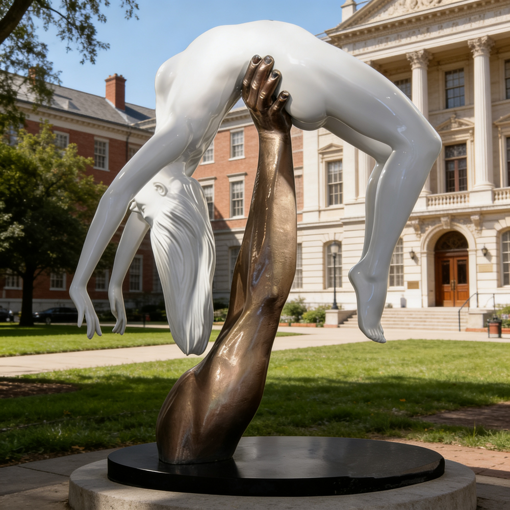 Bronze sculpture of an upright arm holding a suspended white human figure in an arched pose.