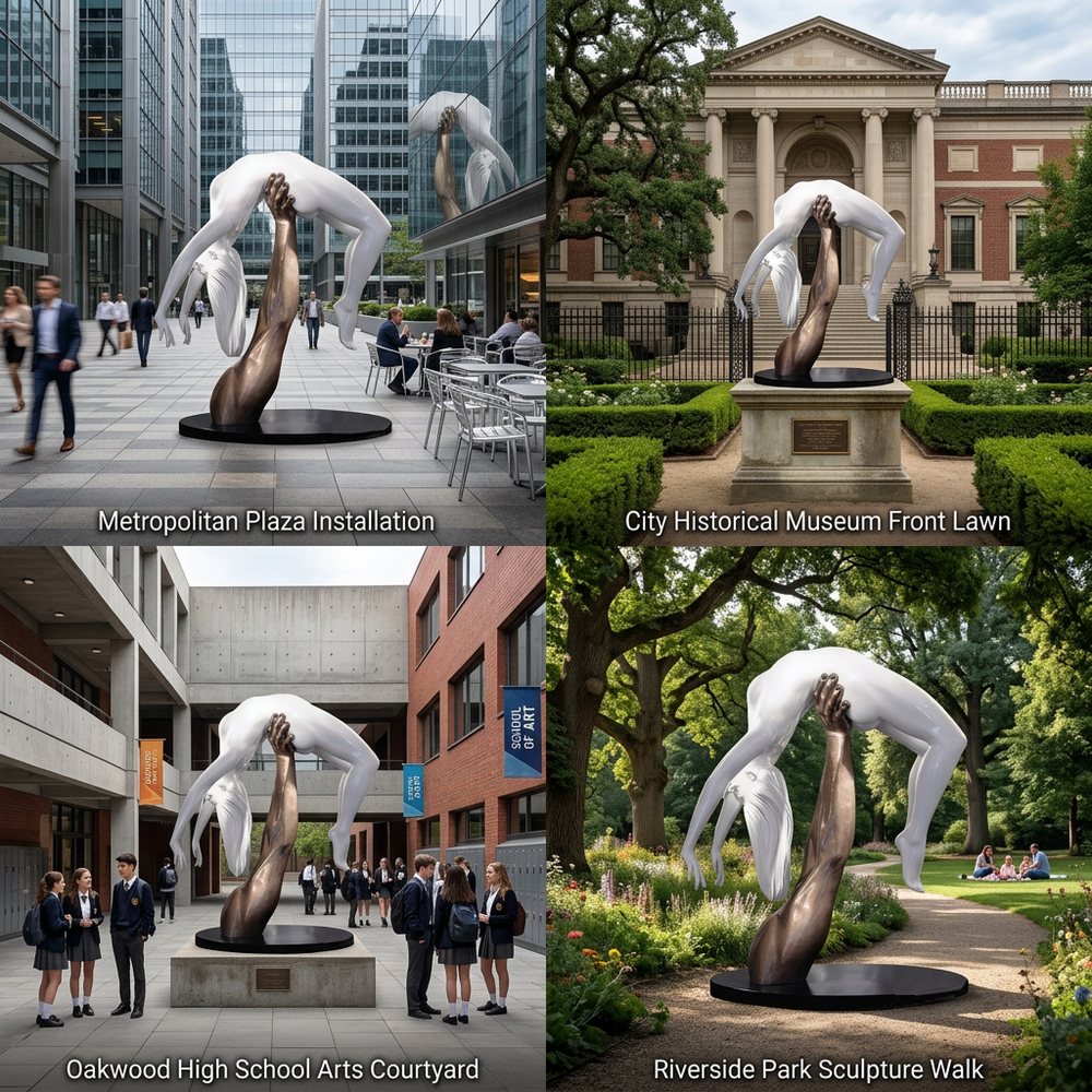 Modern artwork featuring a bronze arm lifting a glossy white figure with flowing hair.
