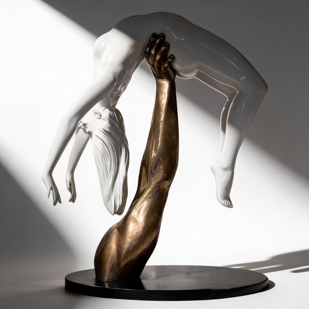 Sculptural composition with a bronze arm lifting a white figure in a dramatic backward arch