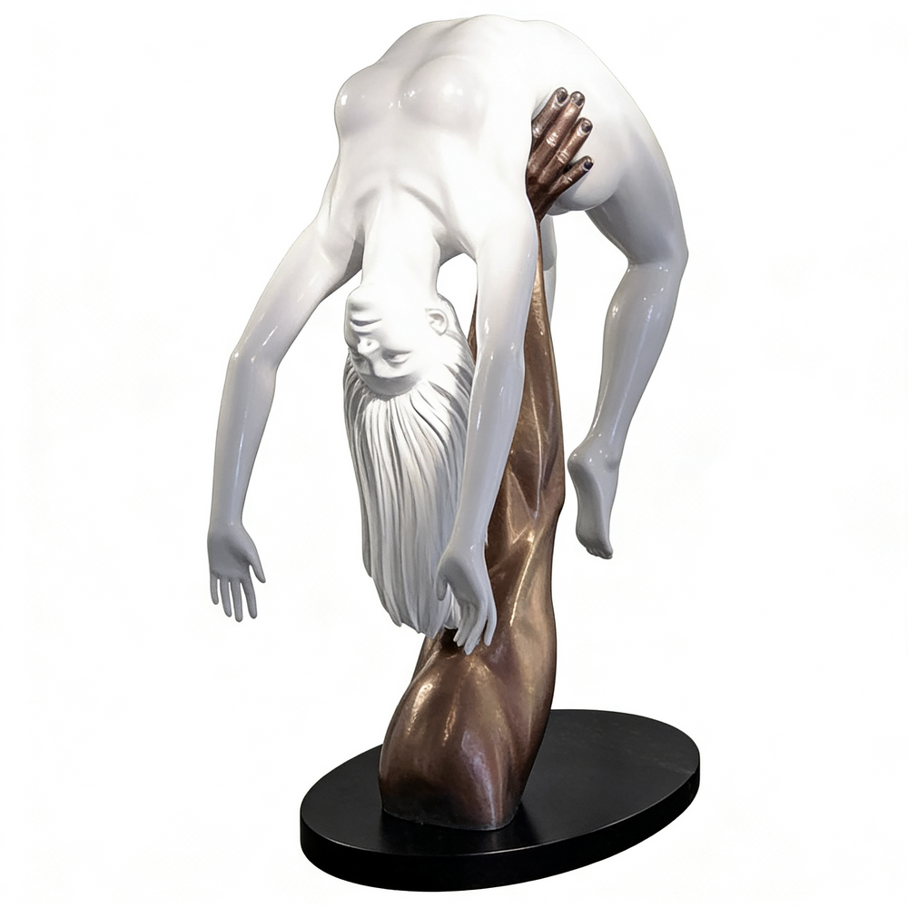 Expressive sculpture of a bronze arm elevating a smooth white figure, symbolizing support and motion