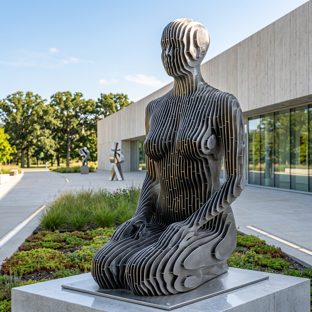 Modern sculpture of a seated figure in an outdoor setting with a building and trees in the background.