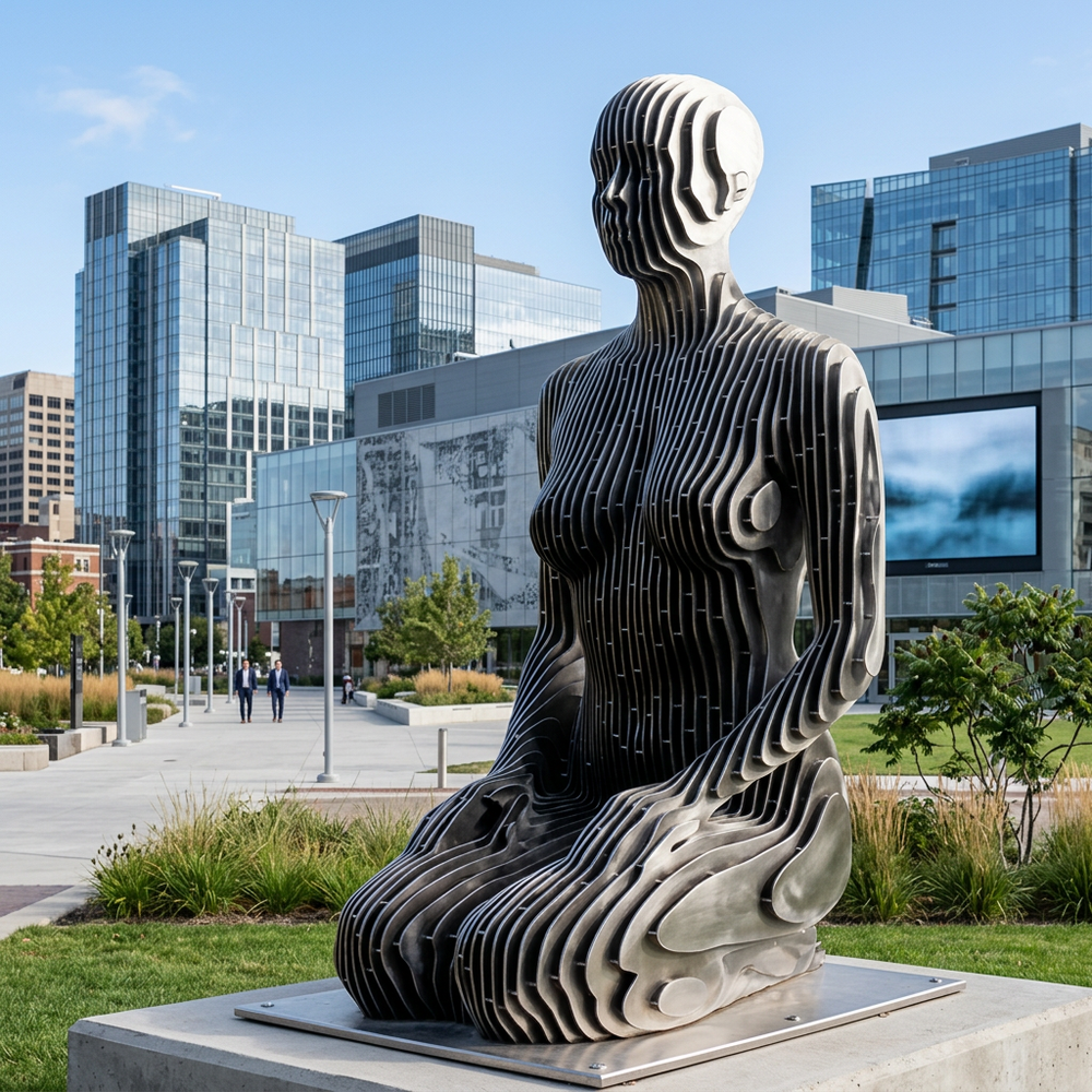 Modern sculpture of a woman in an urban setting with buildings and trees in the background
