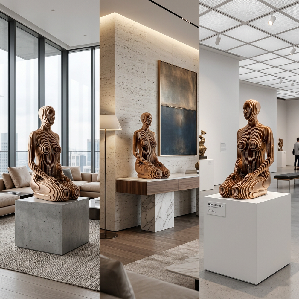 Wooden sculpture of a seated figure in a modern interior setting