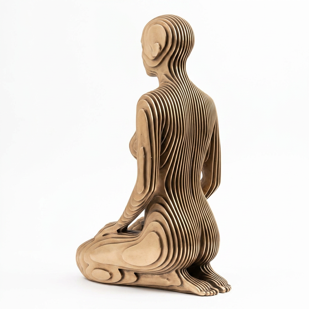 Cardboard sculpture of a seated figure on a white background
