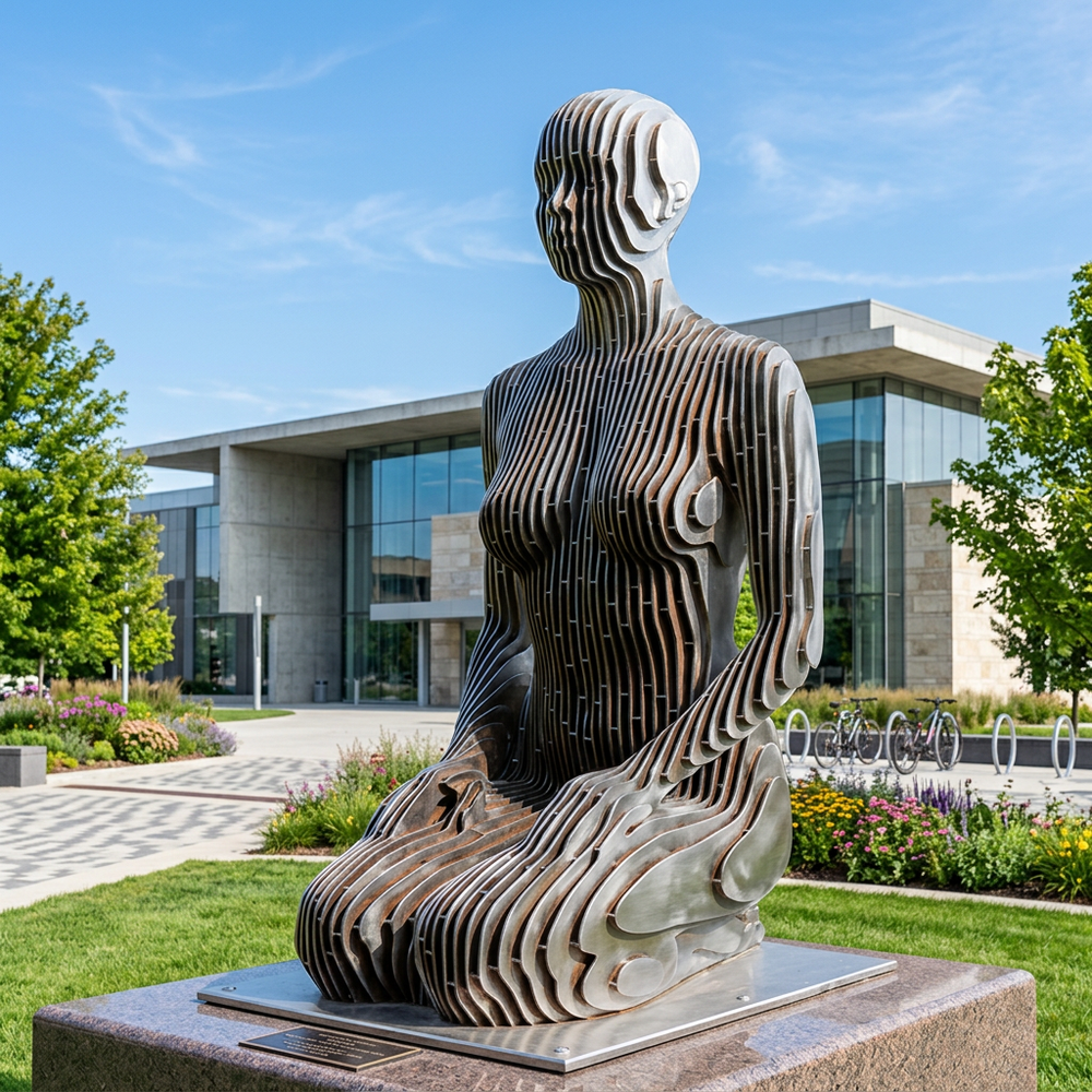 Modern sculpture in front of a building with greenery