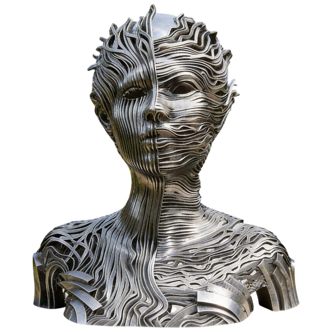 Metallic sculpture of a face with intricate patterns on a white background