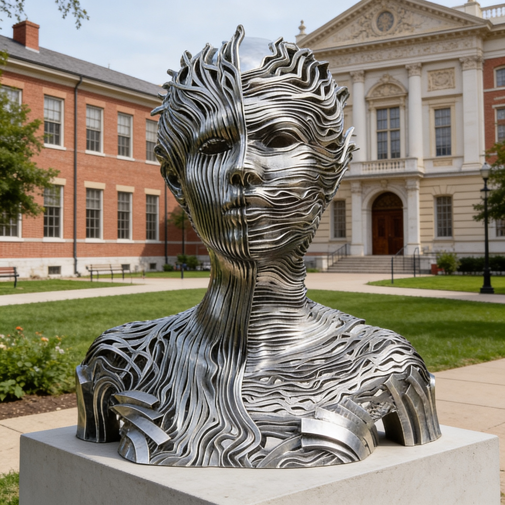 Metallic sculpture of a face in front of a building
Fragmented abstract bust created from smooth metallic ribbons forming a textured human profile