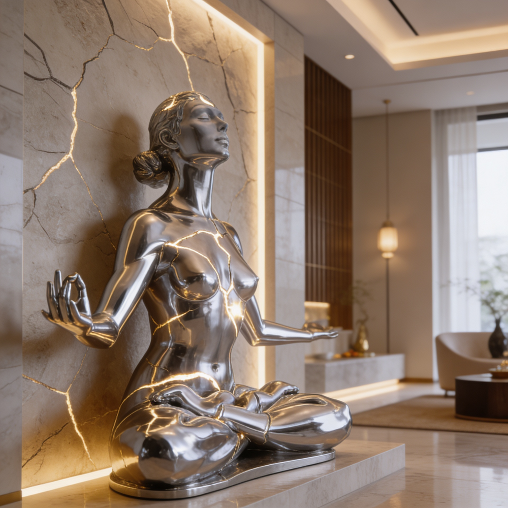 Silver statue of a meditating woman in a modern interior setting