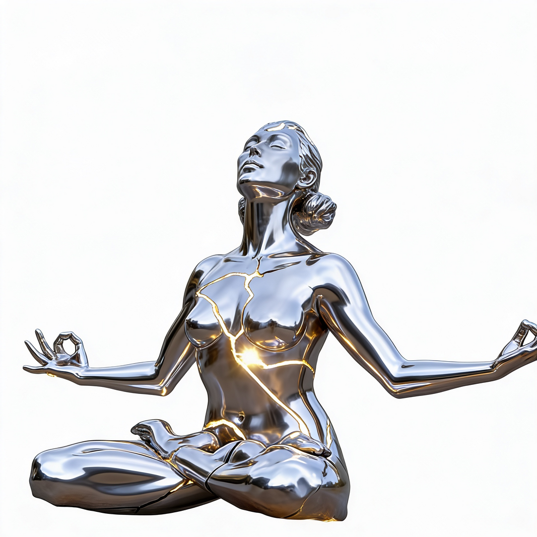 Silver statue of a meditating woman on a white background