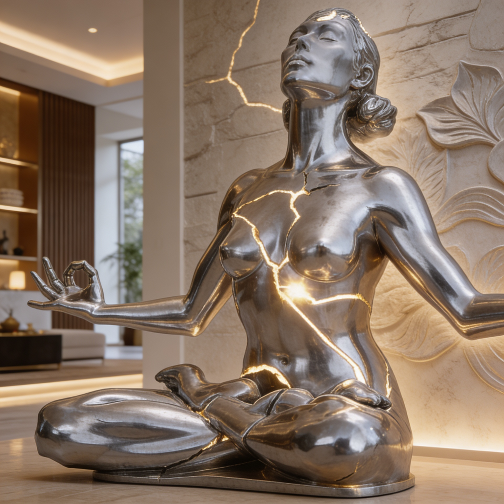 Silver statue of a meditating woman in a modern interior setting
