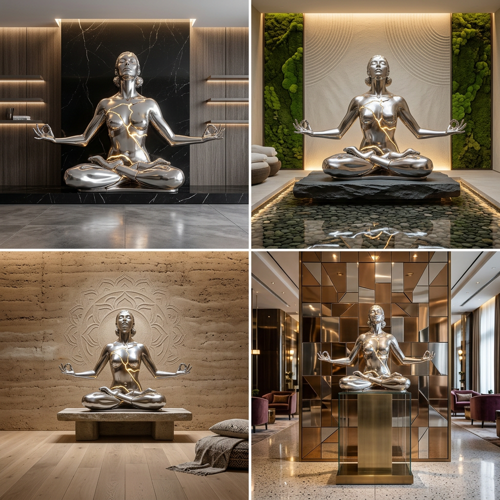 Collage of a silver statue in various indoor settings