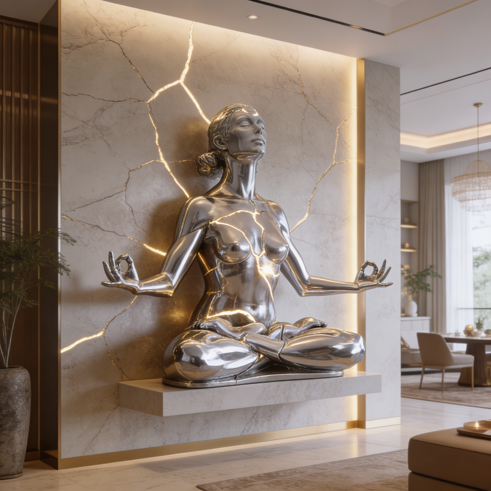 Silver yoga sculpture on a marble wall in a modern interior setting
