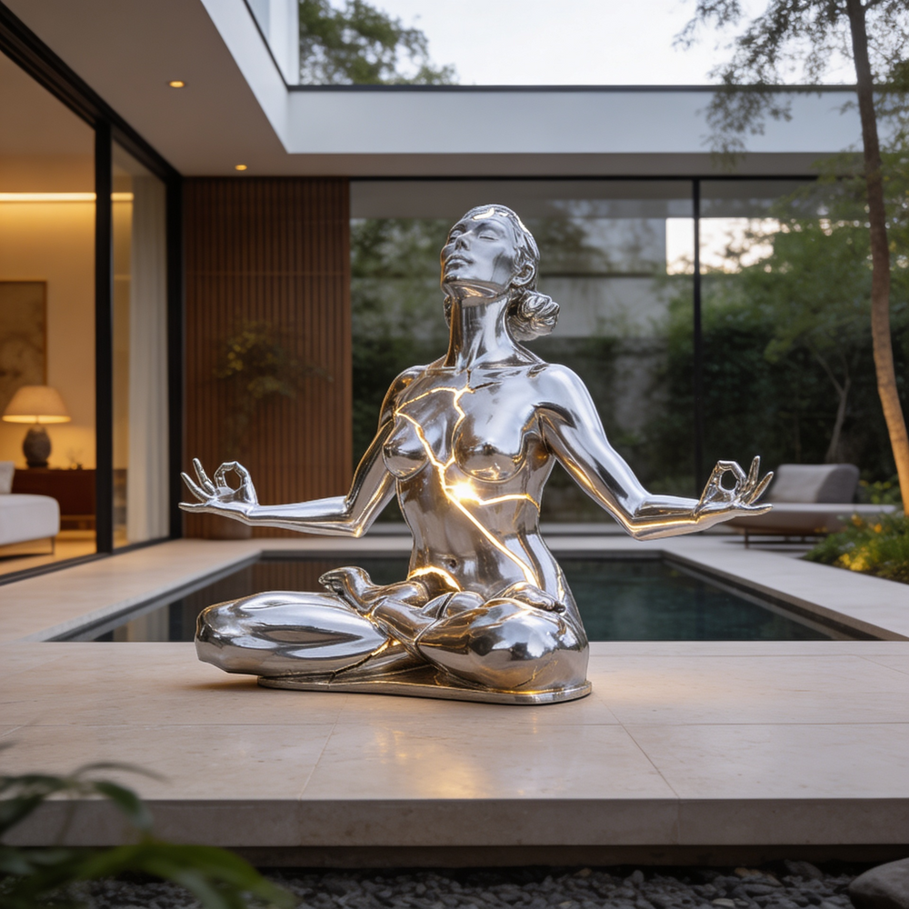 Silver statue of a meditating woman on a table with a modern indoor-outdoor setting.