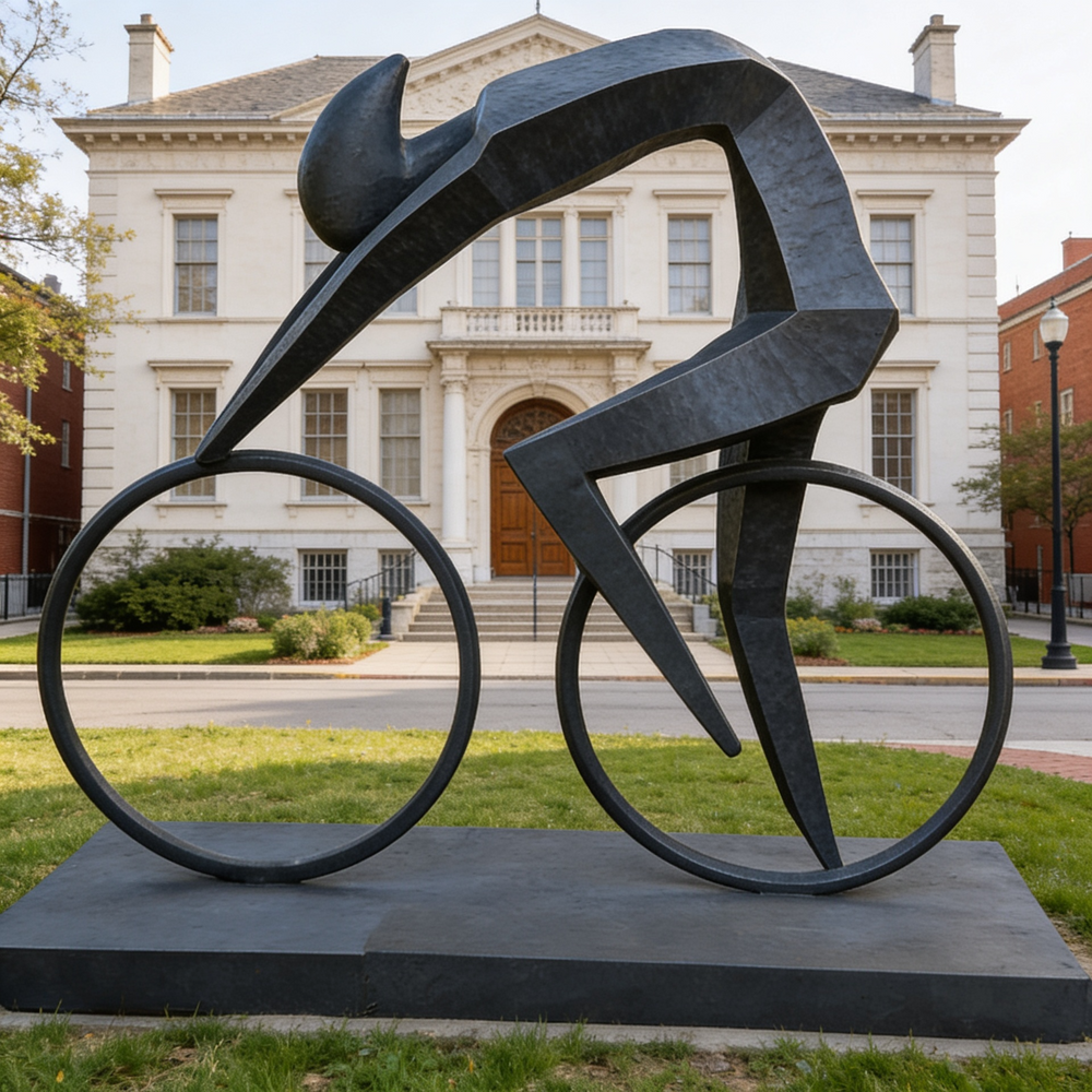 Sculptural cyclist rendered in modern angular shapes, leaning forward in a racing stance