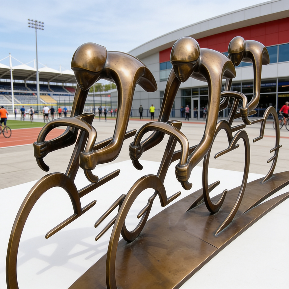 Bronze sculpture of cyclists in a line at an outdoor sports facility