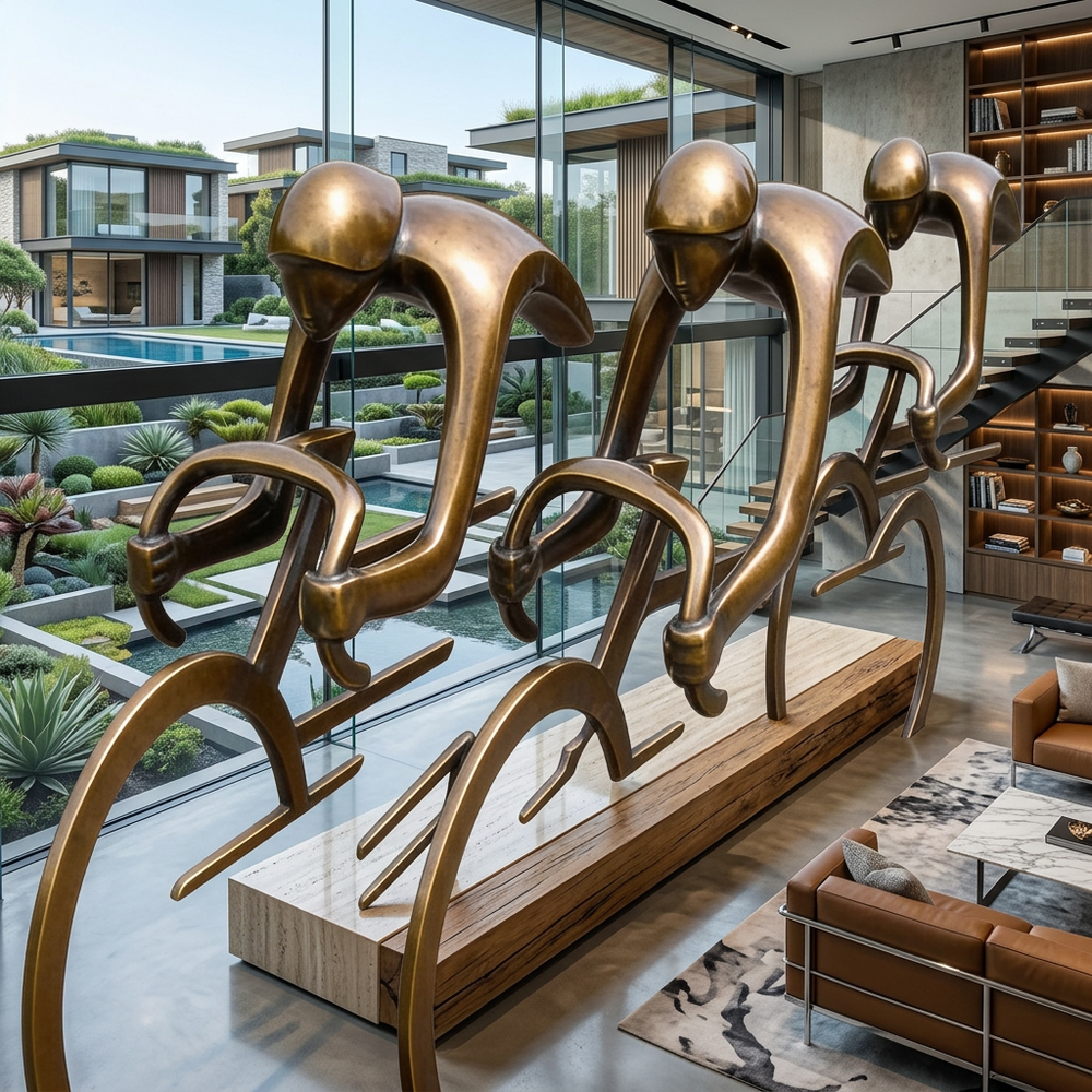 Bronze sculpture of four figures in a modern living room with a view of a pool and garden.