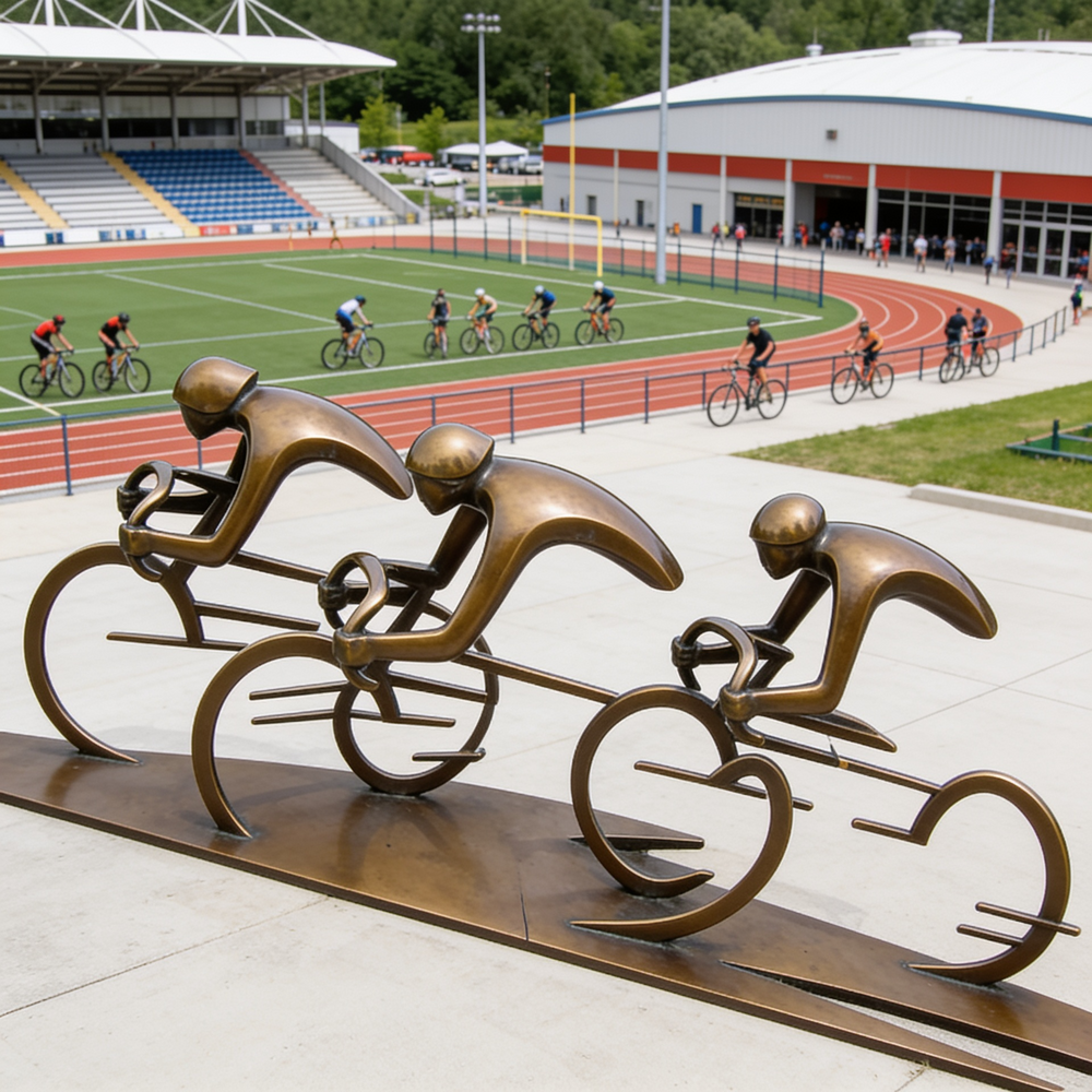 Bronze sculpture of cyclists in a line at a track and field stadium