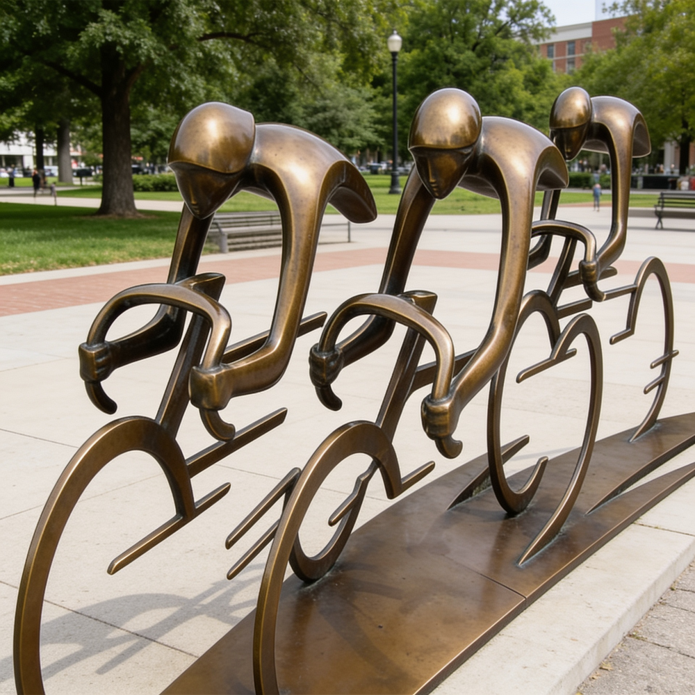 Bronze sculpture of three cyclists in a line on a city street