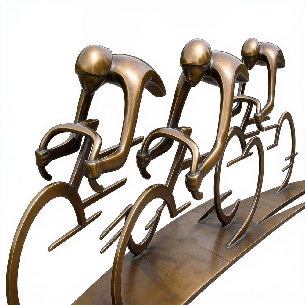 Bronze sculpture of three cyclists in a line on a white background