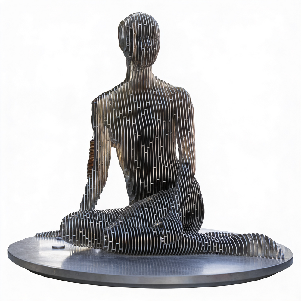 Metallic sculpture of a seated figure on a white background
Layered metal strip sculpture of a seated human figure on a circular base
