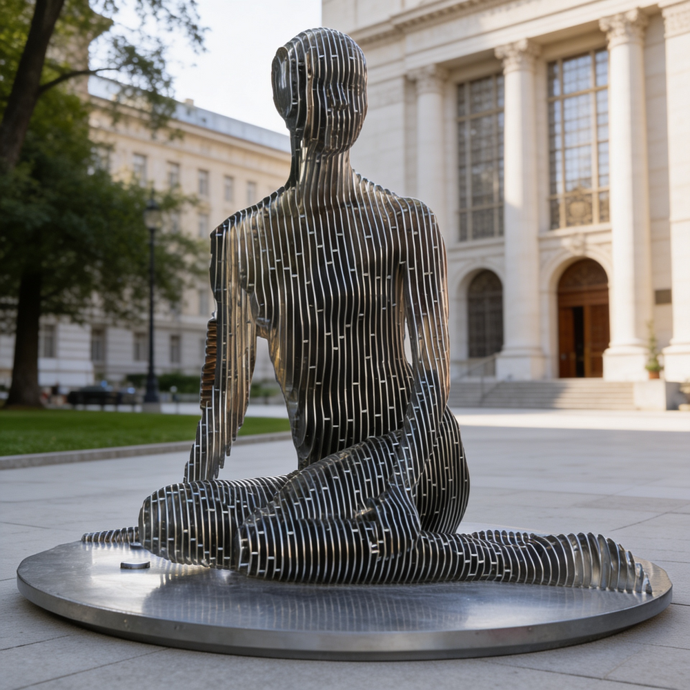 Metallic sculpture of a seated figure in front of a classical building
Open‑structure metallic human figure created from vertical strips in a cross‑legged pose