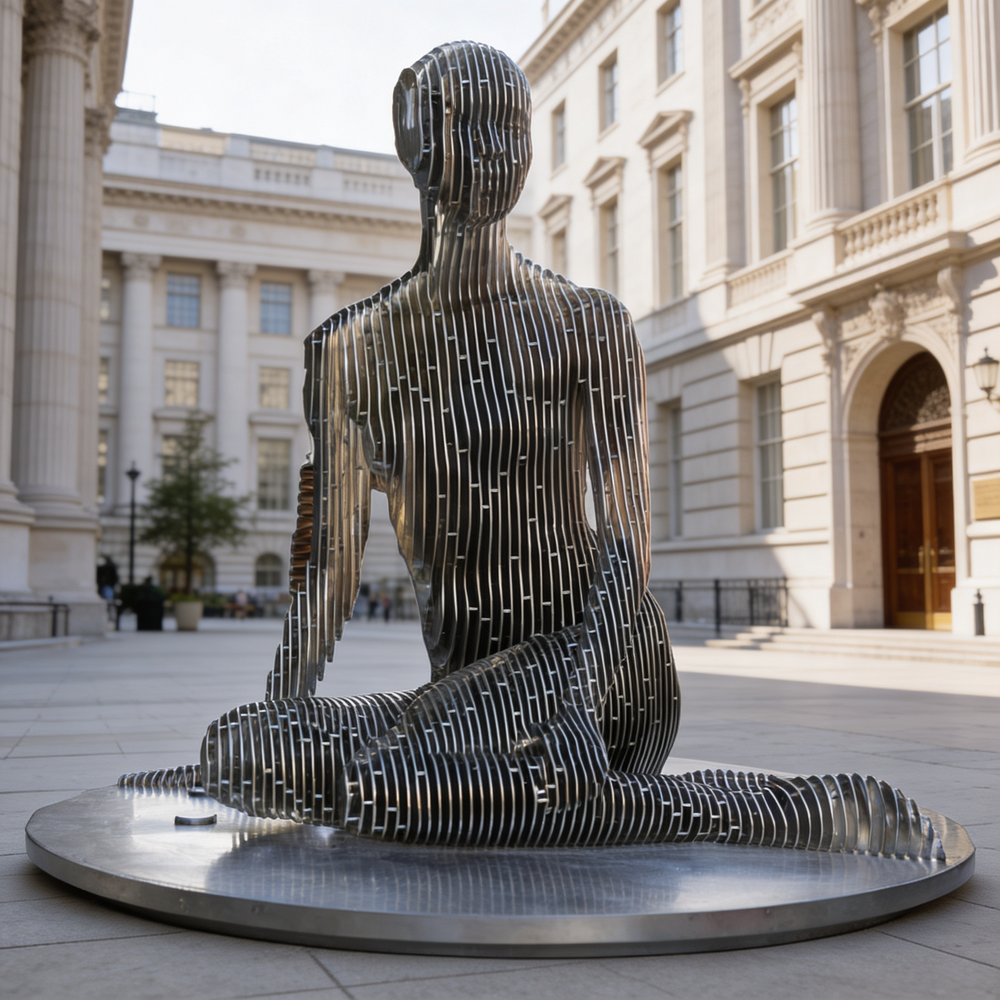 Abstract seated figure made from vertically aligned metallic elements