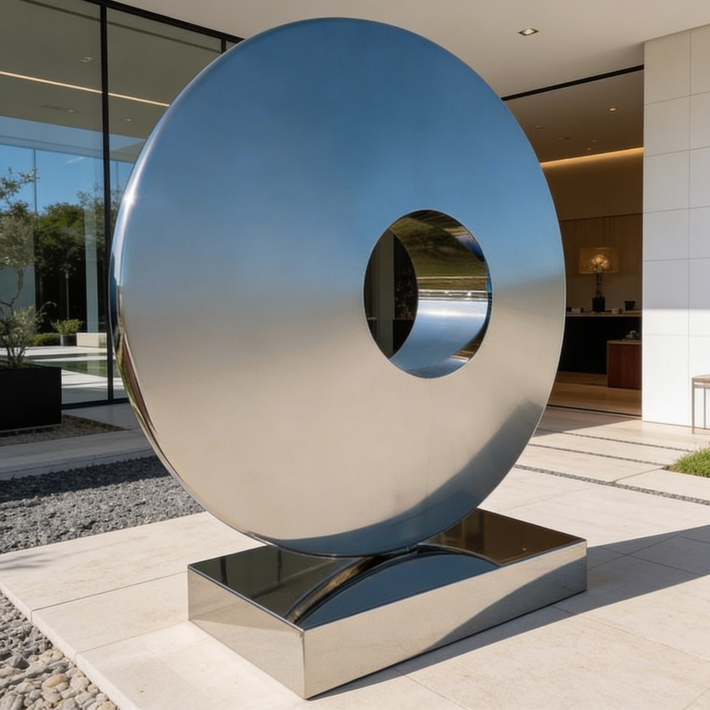 Modern metal sculpture in front of a building
Polished metal disc mounted on a rectangular pedestal