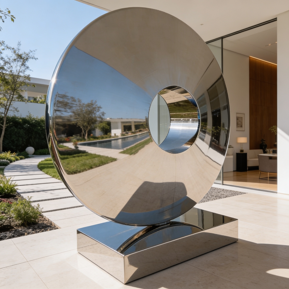 Chromatic metal sculpture in a modern outdoor setting with a pool
and house.
Polished metal disc mounted on a rectangular pedestal.
