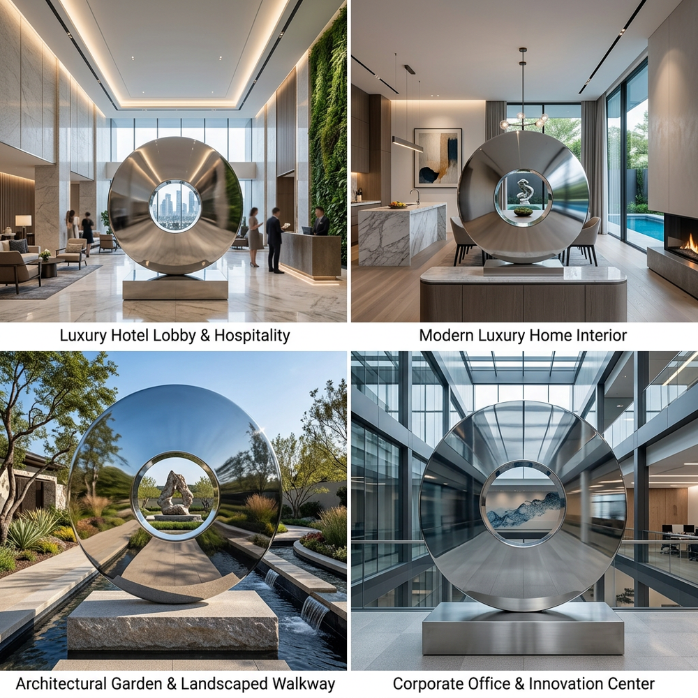 Collage of a large metallic sculpture in various settings including a luxury hotel lobby, modern home interior, architectural garden, and corporate office.
Polished circular art piece with sleek geometric design