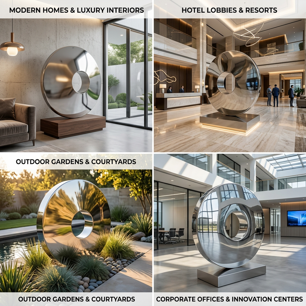 Collage of a modern metallic sculpture in various settings including a home, hotel lobby, outdoor garden, and office.
Polished metal disc mounted on a rectangular pedestal