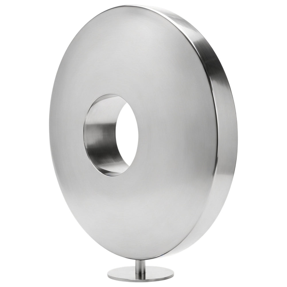 Metallic circular object on a white background
Modern metallic ring‑form sculpture with mirror‑polished surface