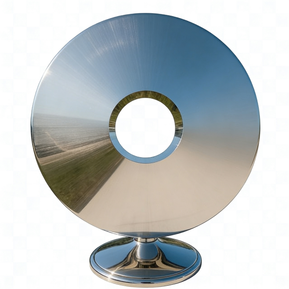 Decorative object with a circular design on a white background
Sculpture of a polished metal disc with central opening