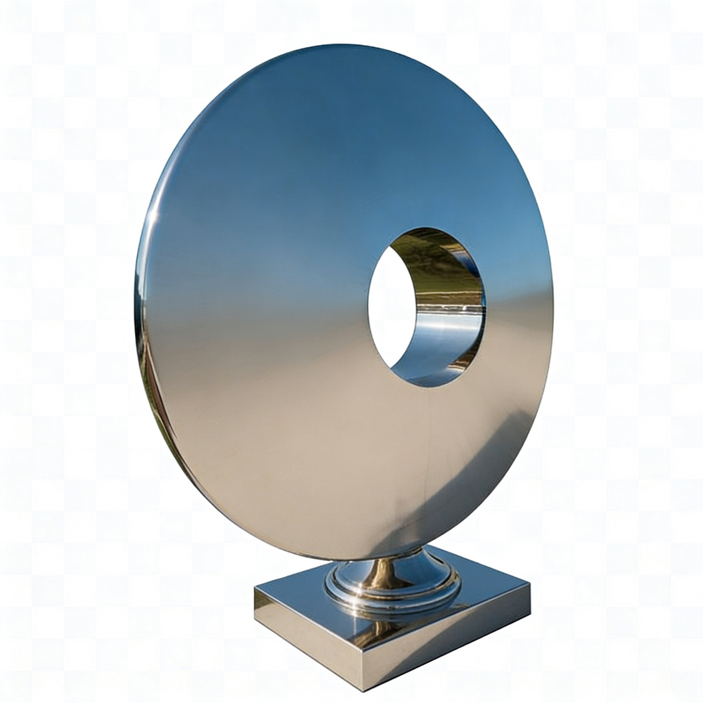 Metallic sculpture with a circular design on a white background
Polished metallic circular disc sculpture with central opening on rectangular base