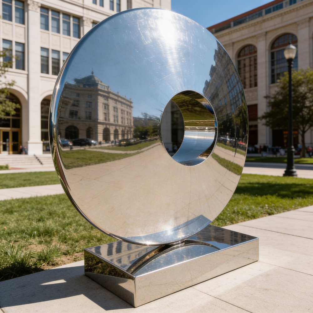 Reflective sculpture in an urban setting with buildings and trees in the background
Contemporary circular metal artwork with reflective finish