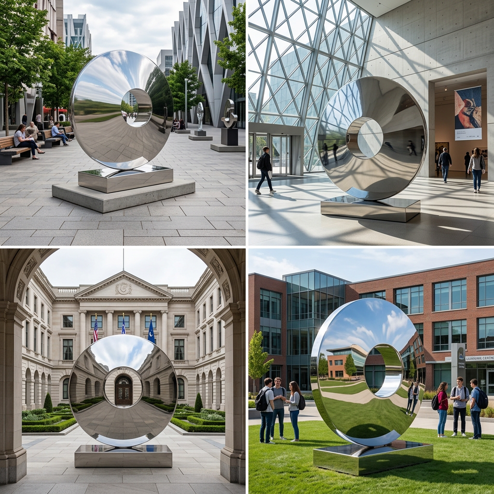 Collage of a large metallic sculpture in various urban settings
Polished metal disc mounted on a rectangular pedestal