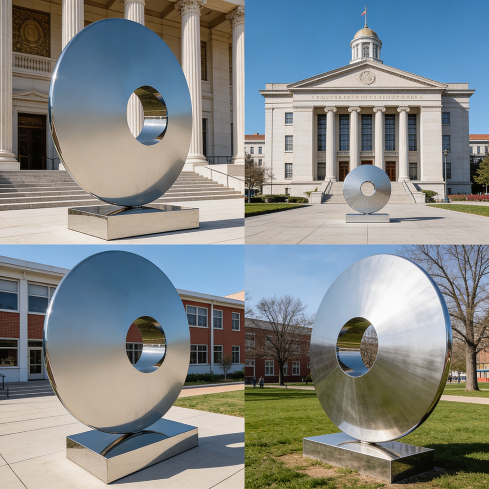 Collage of a large metallic sculpture in front of a building
Mirror‑finish metal disc artwork with modern minimalist design