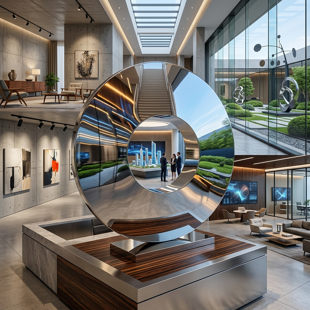 Modern interior with a reflective sculpture and cityscape view
Reflective circular sculpture featuring a smooth central hole