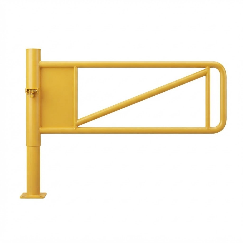 A yellow metal gate arm with a vertical post and horizontal guard rails, shown on a plain white background.