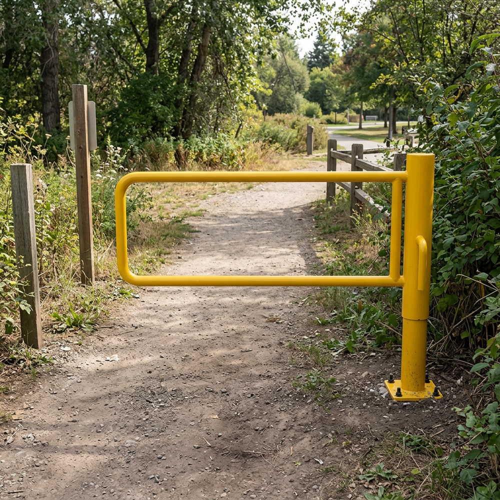 Industrial yellow powder-coated steel P-gate access barrier with mounting plate for parks, parking lots, and pedestrian trails.