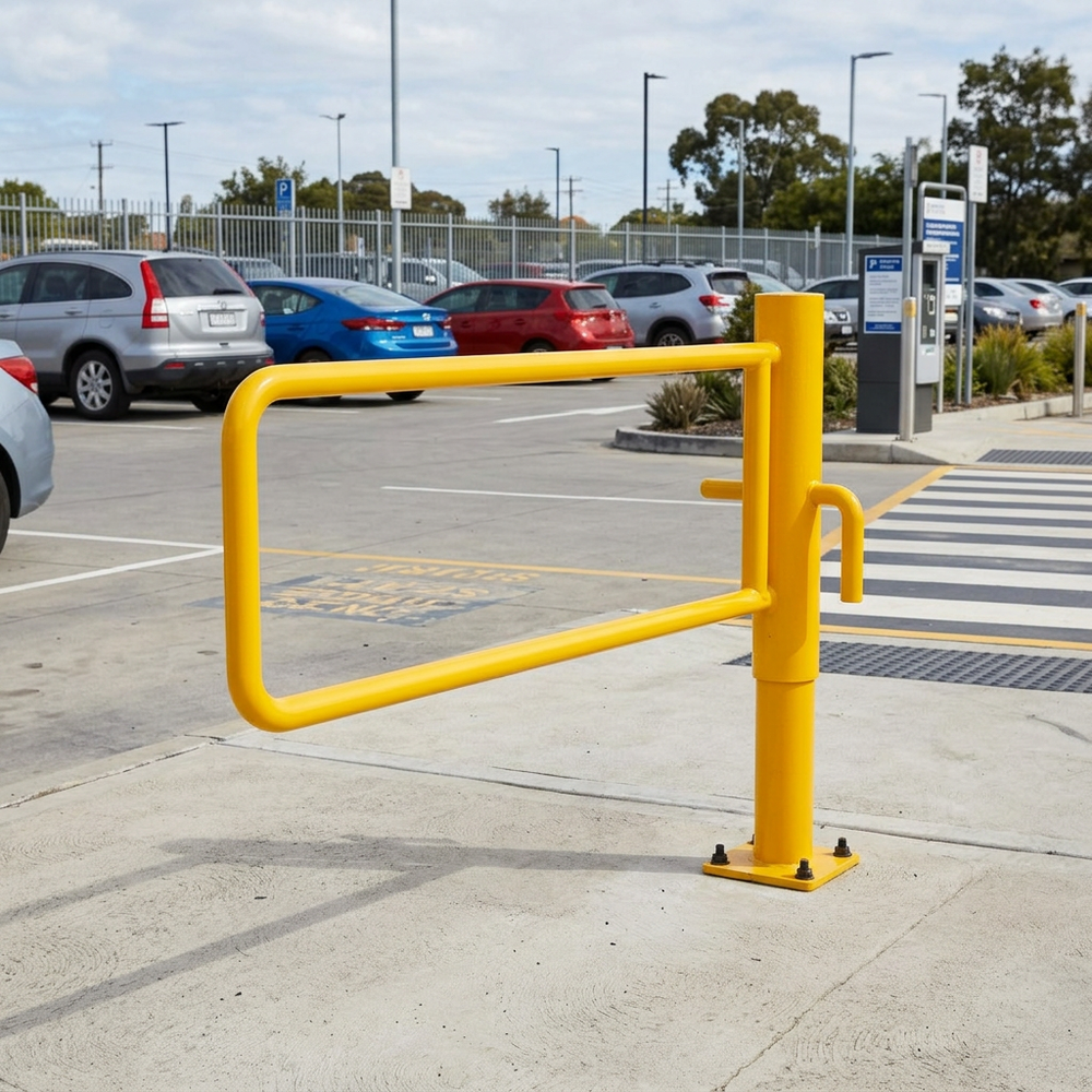 Pedestrian path yellow P-gate swing barrier for crowd control and vehicle restriction.