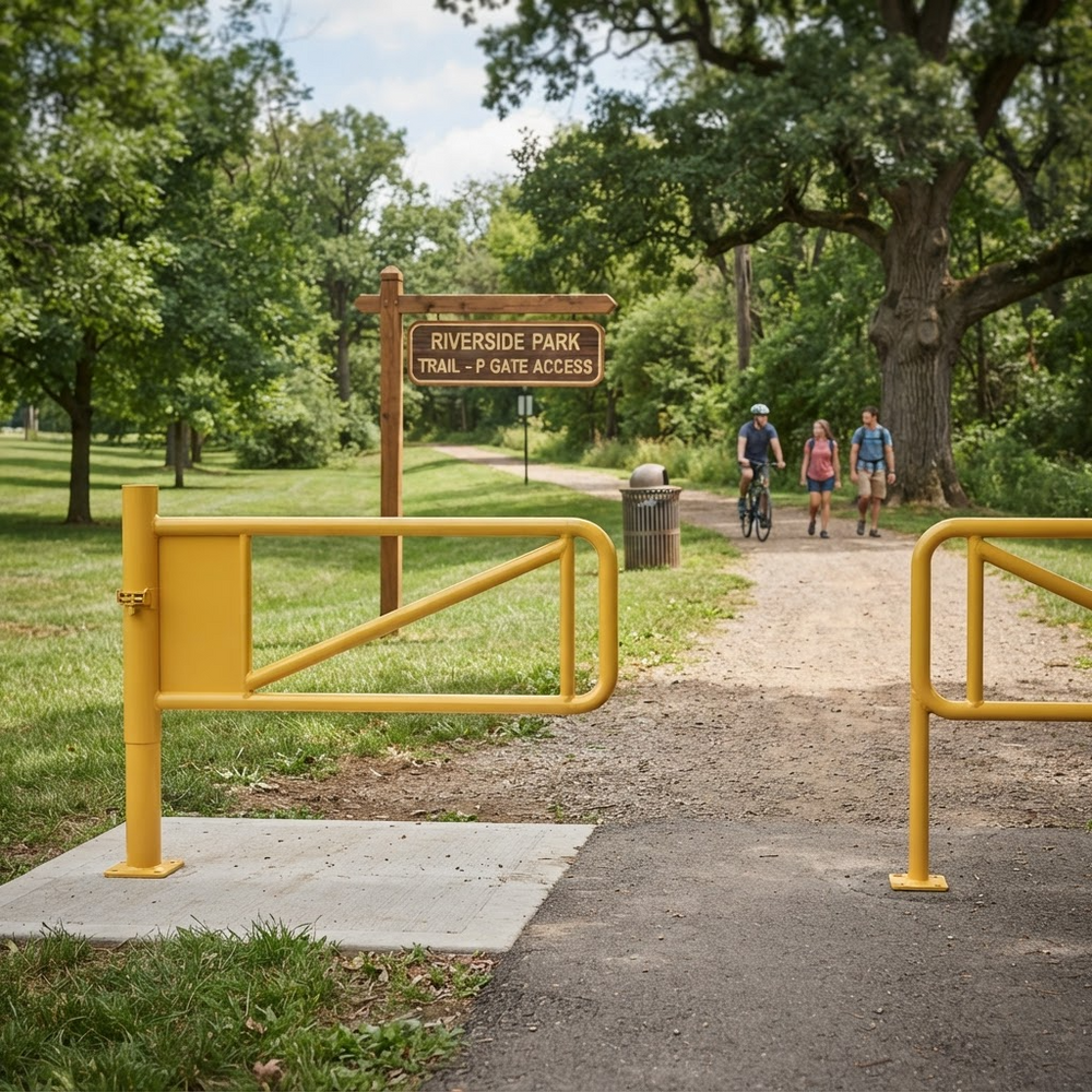 A yellow metal gate barrier stands at the entrance to a paved trail in Riverside Park, with a wooden signpost reading 'RIVERSIDE PARK TRAIL & GATE ACCESS' and two people walking in the background among trees.